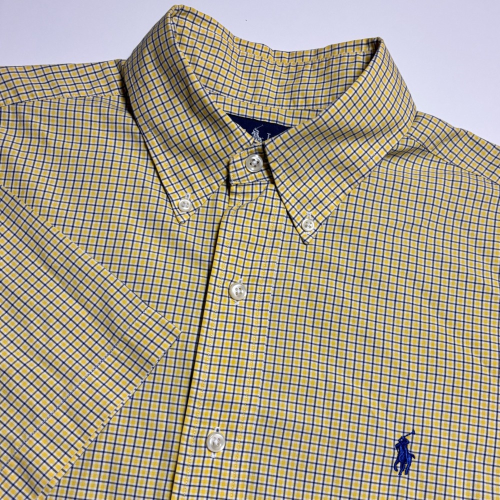 Ralph Lauren Classic Fit Yellow Check Mens M Short Sleeve Button Down Shirt Flaw